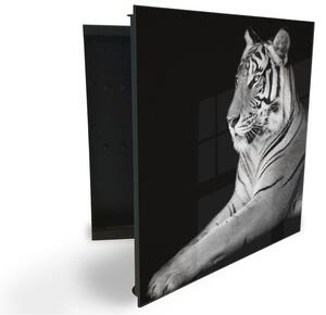 Glasdekor skříňka na klíče - bílý tygr na černém podkladu z boku - Levé / Černá