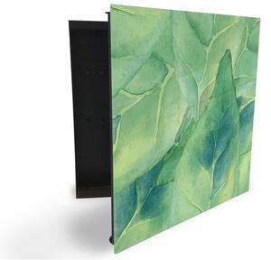 Glasdekor skříňka na klíče - abstraktní akvarel zelené listí - Levé / Černá