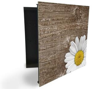 Glasdekor skříňka na klíče - květ bílé kopretiny na dřevě - Levé / Černá