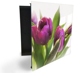 Glasdekor skříňka na klíče - květ fialový tulipán na bílém podkladu - Levé / Černá
