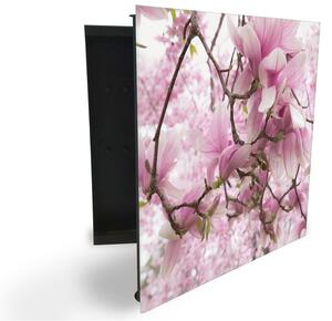 Glasdekor skříňka na klíče - květy stromu magnolie - Levé / Černá