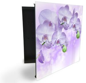 Glasdekor skříňka na klíče - jemně fialové květy orchideje - Levé / Černá