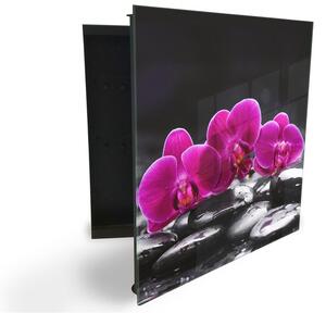 Glasdekor skříňka na klíče - fialový květ orchideje na černém kameni - Levé / Černá