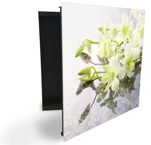Glasdekor skříňka na klíče - květy orchideje na mramoru - Levé / Černá