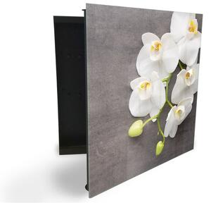Glasdekor skříňka na klíče - bílé květy orchideje na betonu - Levé / Černá