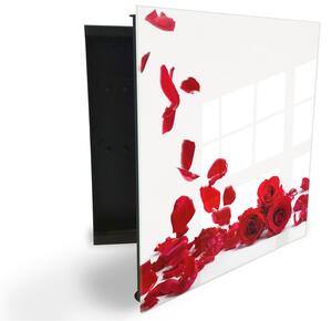 Glasdekor skříňka na klíče - květy a lístky červené růže na bílém - Levé / Černá