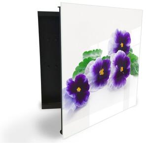Glasdekor skříňka na klíče - květy fialových macešek - Levé / Černá