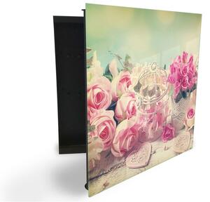 Glasdekor skříňka na klíče - romantické pozadí s květinami - Levé / Černá