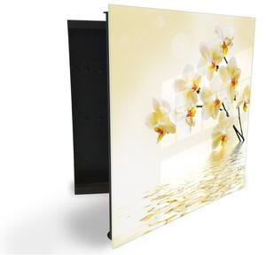 Glasdekor skříňka na klíče - květy žluté orchideje nad hladinou - Levé / Černá