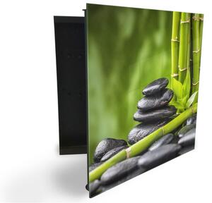 Glasdekor skříňka na klíče - černé kameny a zelený bambus - Levé / Černá