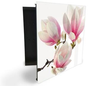Glasdekor skříňka na klíče - květy magnolie na bílém podkladu - Levé / Černá