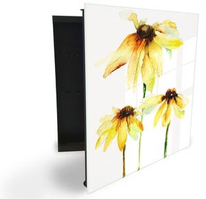 Glasdekor skříňka na klíče - žluté květy akvarel - Levé / Černá