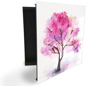 Glasdekor skříňka na klíče - růžový strom akvarel - Levé / Černá