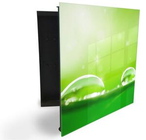 Glasdekor skříňka na klíče - detail rosy na zeleném - Levé / Černá