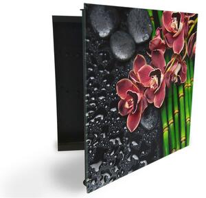 Glasdekor skříňka na klíče - orchidej, černý kámen a bambus - Pravé / Bílá