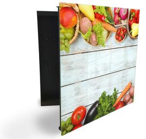 Glasdekor skříňka na klíče - ovoce a zelenina na bílém dřevě - Levé / Černá