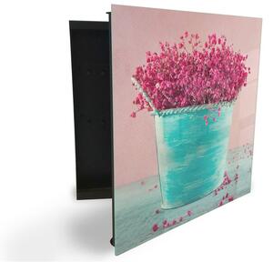 Glasdekor skříňka na klíče - růžový vřes a tyrkysový květináč - Levé / Černá