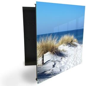 Glasdekor skříňka na klíče - písečná pláž s trávou u moře - Levé / Černá
