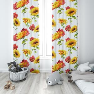 Hotový závěs na kroužcích slunečnice a divoké máky 140x250 cm Barva Bílá Rozměry 140x250 cm