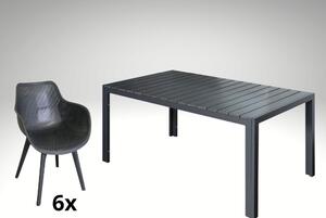Hliníkový nábytek: stůl Jerry 160cm tm.šedý a 6 designových křesel Jasper