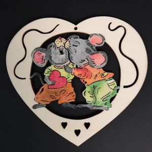AMADEA Dřevěná ozdoba barevná srdce s myškami 15 cm