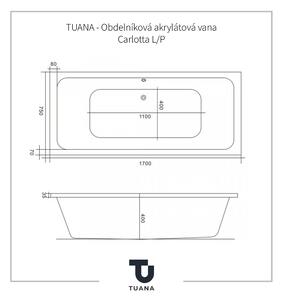 TUANA - Obdelníková akrylátová vana Carlotta L/P - s příslušenstvím + panely - bílá lesklá - 170x75 cm