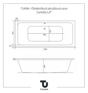 TUANA - Obdelníková akrylátová vana Carlotta L/P - bez příslušenství - bílá lesklá - 150x70 cm