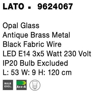 Nova Luce Závěsné svítidlo LATO opálové sklo antický mosazný kov černý kabel E14 3x5W