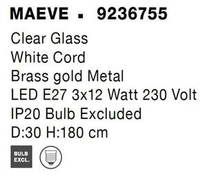 Nova Luce Závěsné svítidlo MAEVE čiré sklo bílá kabel mosazný zlatý kov E27 3x12W