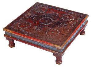 Starý čajový stolek z teakového dřeva zdobený kováním, 42x42x16cm