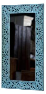 Zrcadlo v rámu z mangového dřeva, ručně vyřezávané, tyrkysová patina, 83x3x152cm