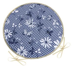 Bellatex Sedák DITA kulatý hladký Kostička s květem modrá, 40 cm
