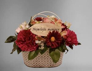 Aranžmá truhlík bílý - cedulka s textem - mix květin vínová-růžová,d.20cm