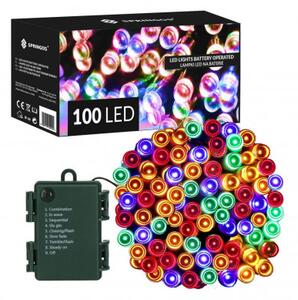 SPRINGOS LED světelný řetěz - 10m, 100LED, 8 funkcí, časovač, 3xAA, IP44, multicolor CL4032-XG