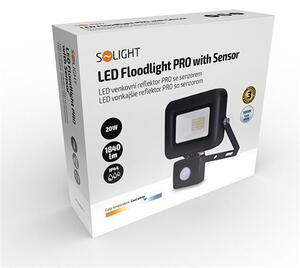 SOLIGHT LED reflektor PRO 20W/230V/1700Lm/5000K/120°/IP44, černý se senzorem