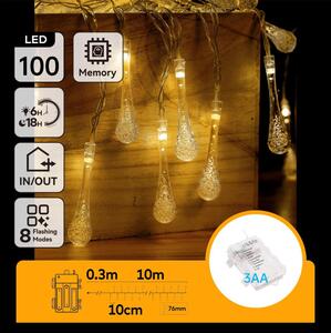 Aigostar - LED Ven. ván. řetěz 100xLED/8 funkcí 3xAA 10m IP44 teplá bílá kapky