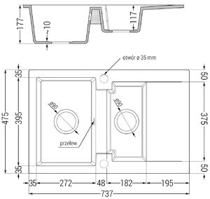 MEXEN - Gaspar dřez granitový, 1,5-komorový s odkapávačem, 73,7 x 47,5 cm - béžová - sifon černá - 6507731505-69-B