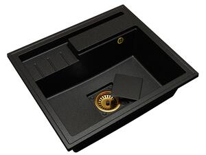 Granitový dřez ELITE 6052 ČERNÝ S TEXTUROU ŽULY + zlatý sifon 60 x 52 x 21,5cm
