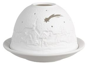 Bílý porcelánový svícen na čajovou svíčku s kometou, kostelem a vesnicí – 12x8 cm