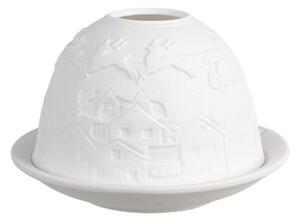 Bílý porcelánový svícen na čajovou svíčku se Santa Clausem a soby nad městečkem – 12x8 cm
