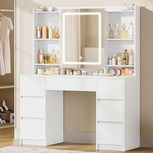 Kosmetický stolek s osvětlením – Toaletní stolek – Úložný prostor na šperky – Velké LED zrcadlo – 40 x 108 cm – Bílá barva