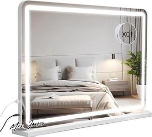 Zrcadlo Mrs. Jones, rozměry 80x57 cm - Kosmetické zrcadlo s LED osvětlením, stmívatelné, 3 režimy osvětlení, paměťová funkce, USB nabíječka, dotykové ovládání, vhodné pro montáž na zeď - bílé barvy
