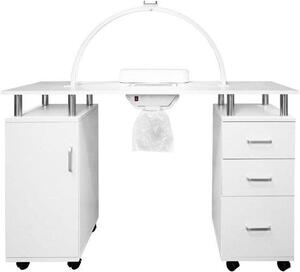 Manikérský stolek s lampou – sada pro manikúru – vybavení salonu – s odsáváním a zásuvkami – šířka 120 cm – bílá barva