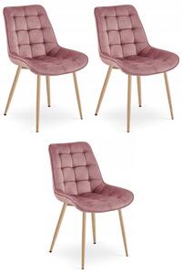 Set tří jídelních židlí BERA sametové tmavě růžové / dřevěné nohy (3 ks)