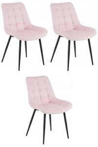 Set tří jídelních židlí BERA sametové světle růžové / černé nohy (3 ks)