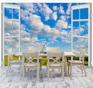 Fototapeta Otevřené okno se stromy a travnatým polem, Fototapety s okny, Populární fototapety, u37024 - Tapeko.co.cz