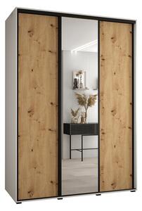 Šatní skříň s posuvnými dveřmi a zrcadlem DAVOS 180cm | Bílá / DUB Artisan / černé pojezdy
