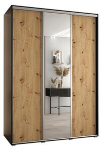 Šatní skříň s posuvnými dveřmi a zrcadlem DAVOS 170cm | Černá / DUB Artisan / stříbrné