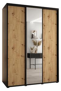 Šatní skříň s posuvnými dveřmi a zrcadlem DAVOS 180cm | Černá / DUB Artisan / černé pojezd