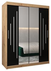 Šatní skříň s posuvnými dveřmi a dvoudílným zrcadlem YORK1 - 150x200cm -Dub Artisan-Černá-